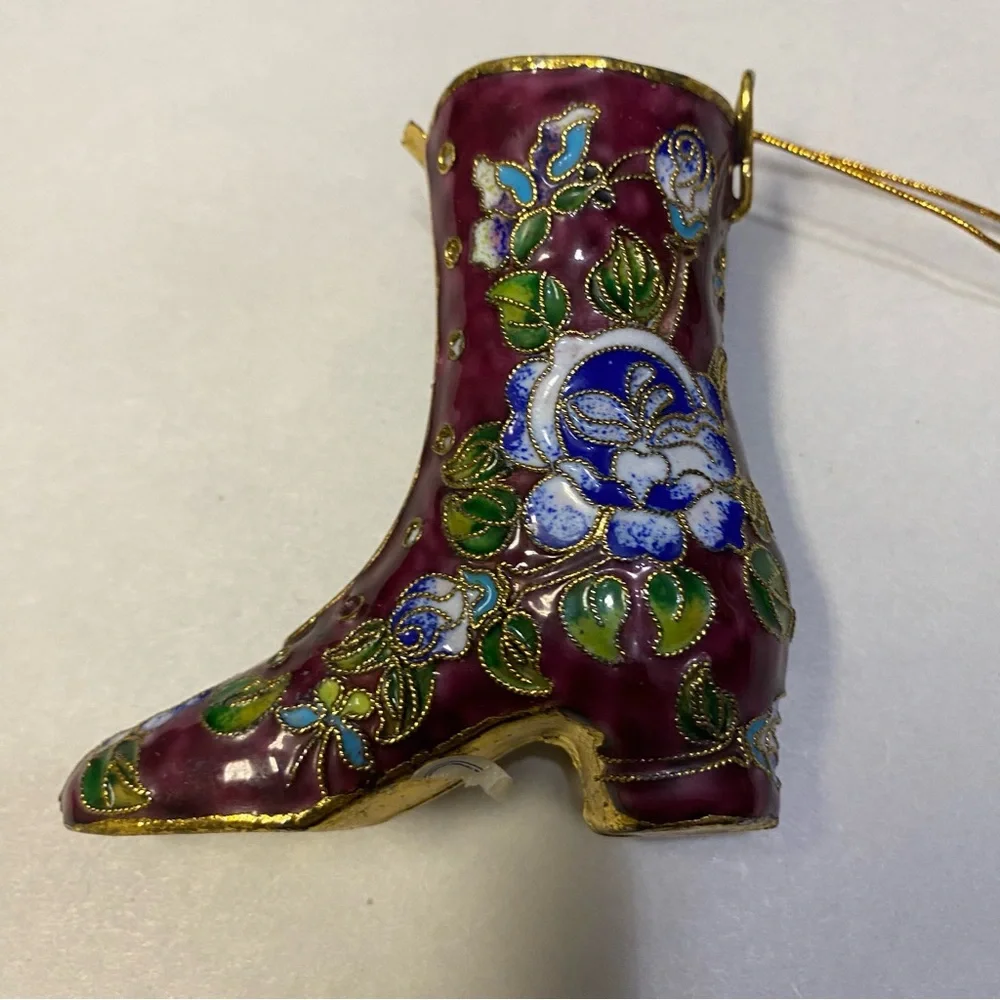 Vintage Cloisonné Shoe Boot Figurine Ornament Enamel Floral Decorative